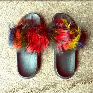 3/$12 NEW Faux Fur Rainbow Fuzzy Slides